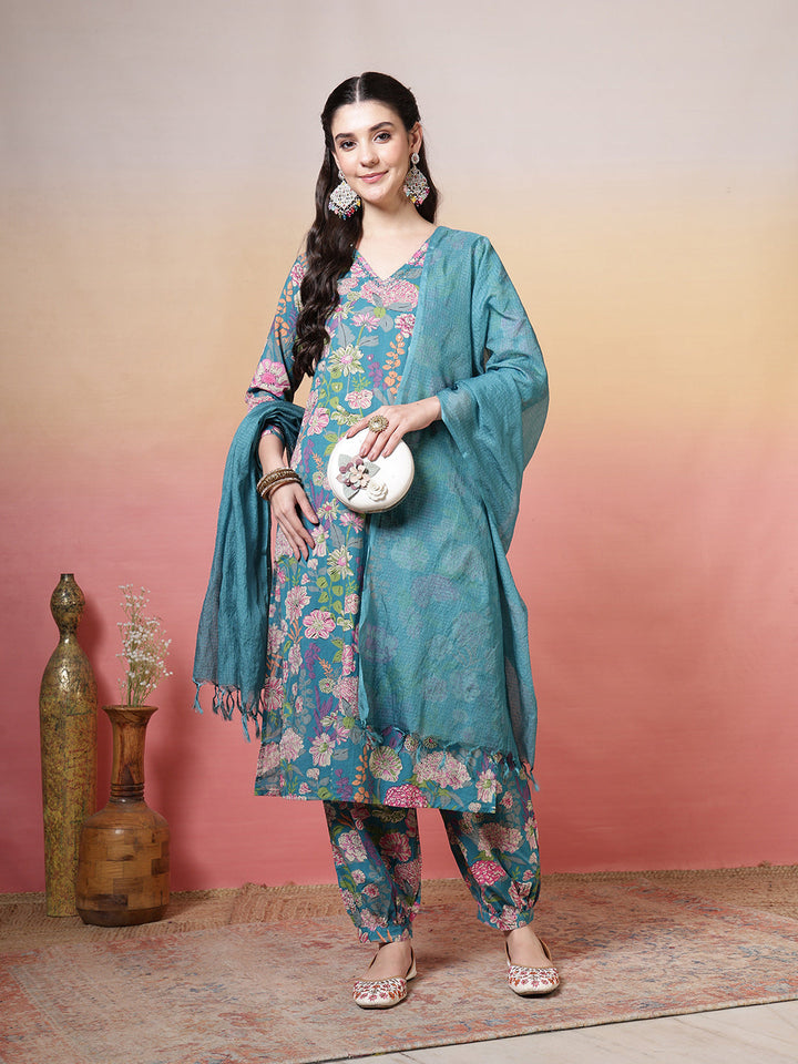 Embroidered Cotton Kurta With Pant &amp; Dupatta
