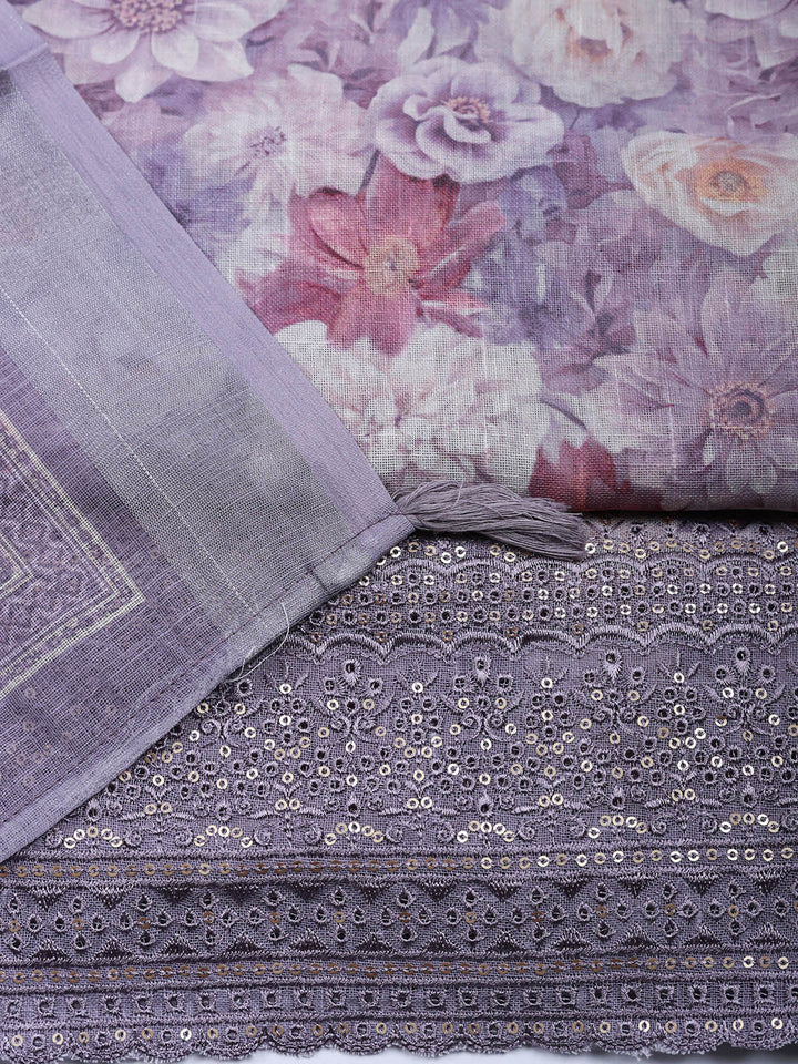 Embroidered Linen Blend Unstitched Suit With Pant &amp; Dupatta