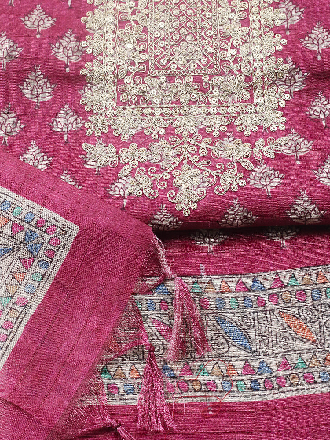 Embroidered Cotton Blend Unstitched Suit With Pant &amp; Dupatta