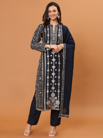 Banarasi Printed Embroidery Kurta With Pants & Dupatta