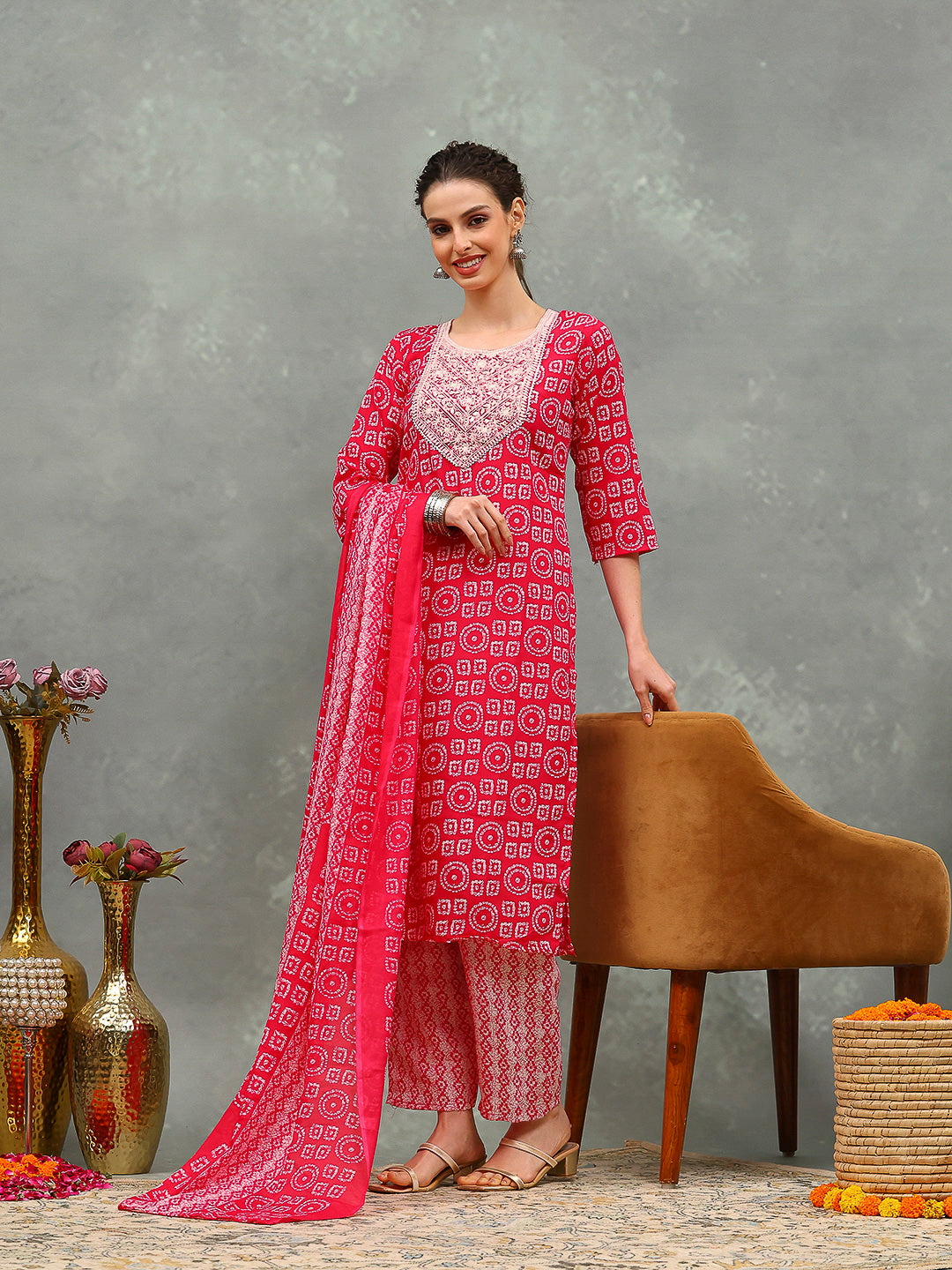 Printed Cotton Blend Kurta With Pants & Dupatta