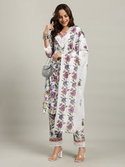 Floral Parinted Cotton Blend Kurta With Pants & Dupatta