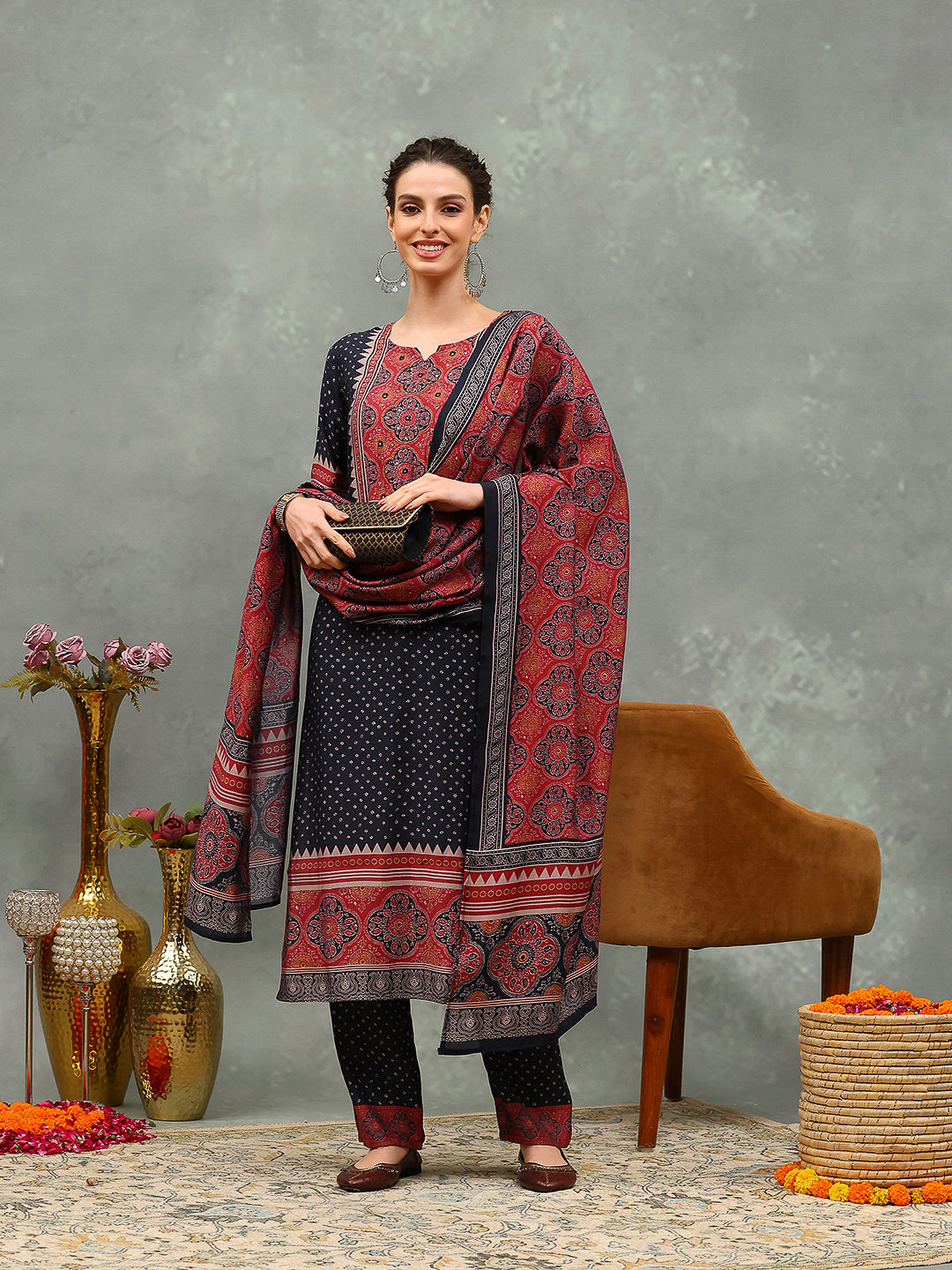 Printed Muslin Kurta With Pants & Dupatta