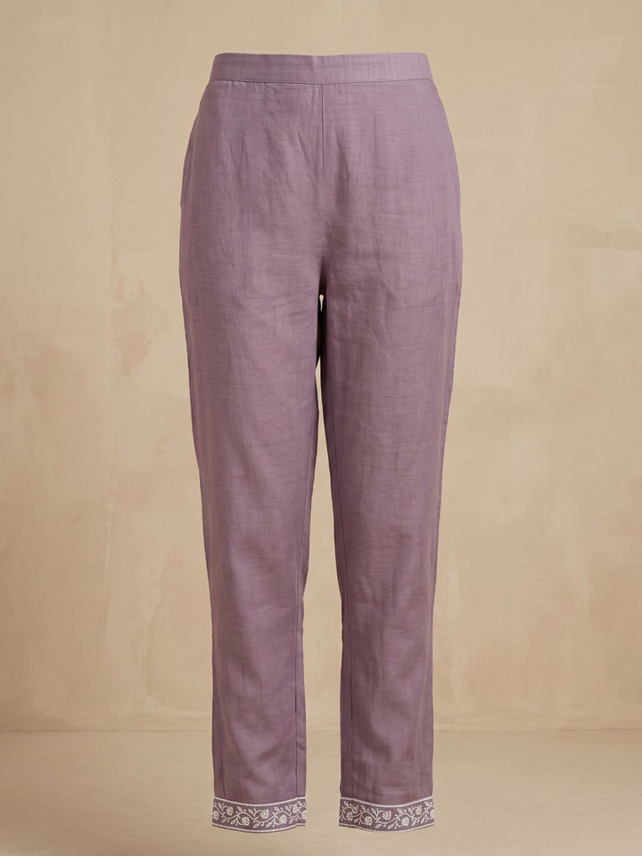 Lavender Embroidered Cotton Blend Straight Round Neck Suit Set