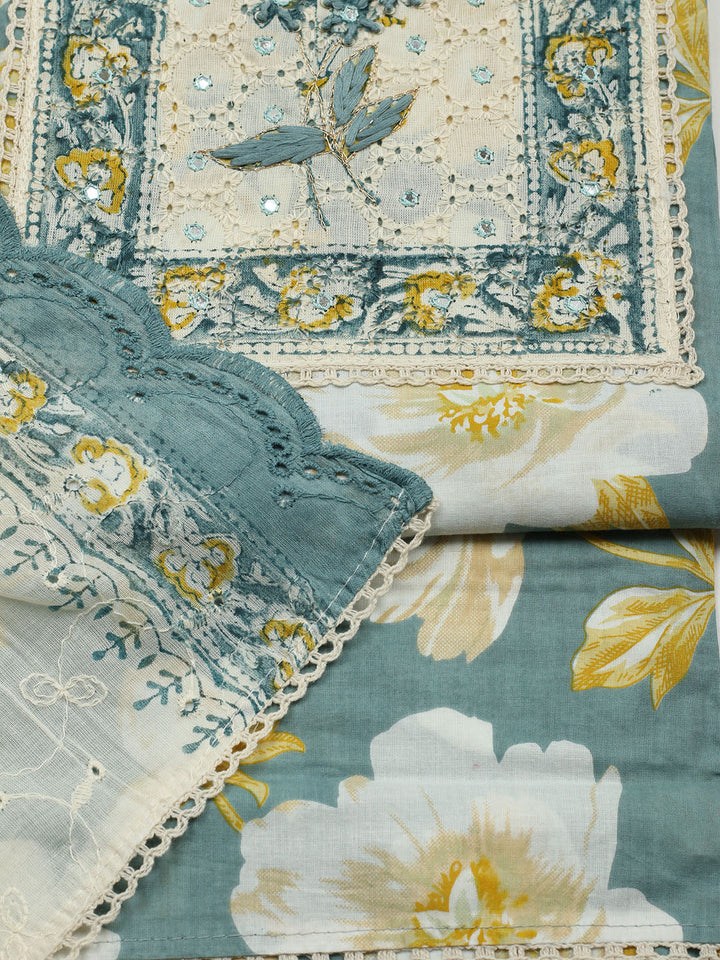 Printed Cotton Blend Unstitched Suit With Pant &amp; Dupatta