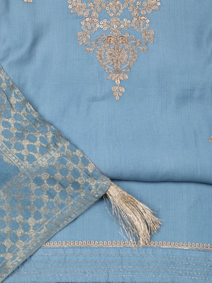 Embroidered Chanderi Unstitched Suit With Pant &amp; Dupatta