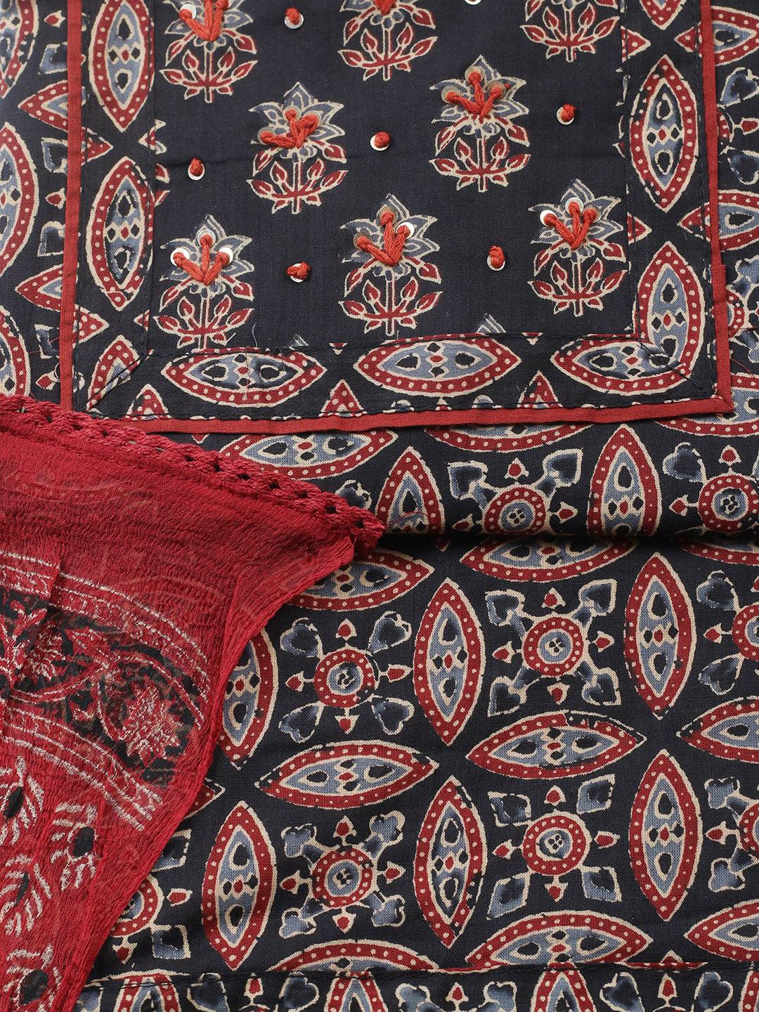 Printed Cotton Blend Unstitched Suit With Pant &amp; Dupatta