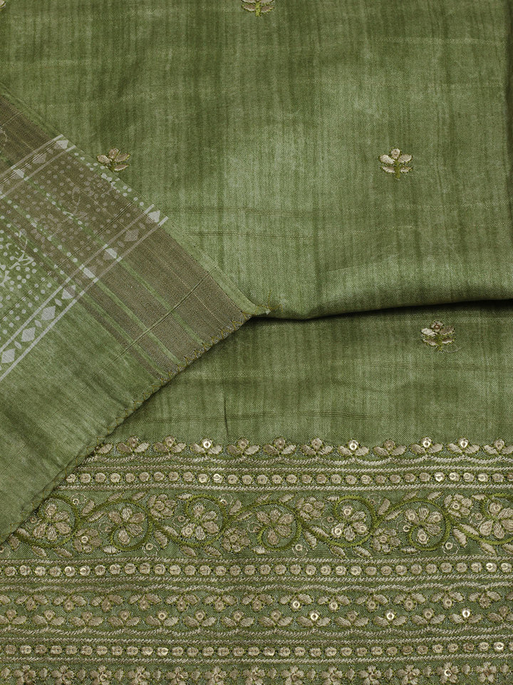 Embroidered Chanderi Unstitched Suit With Pant &amp; Dupatta