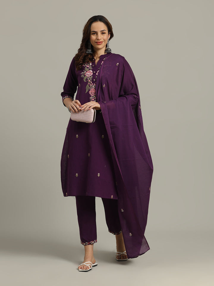 Resham Embroidered Cotton Kurta With Pants &amp; Dupatta