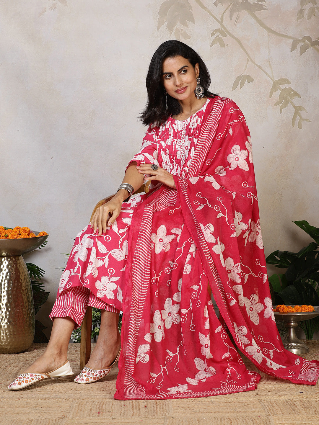 Printed Cotton Blend Kurta With Pants & Dupatta