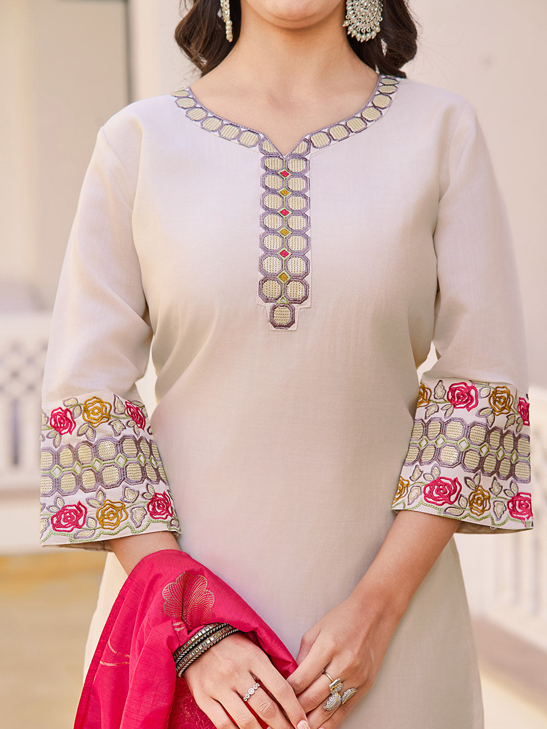 Neck Embroidery Cotton Blend Kurta With Pants &amp; Dupatta