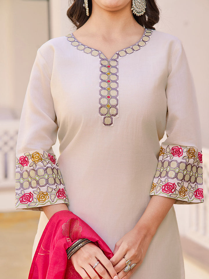 Neck Embroidery Cotton Blend Kurta With Pants &amp; Dupatta