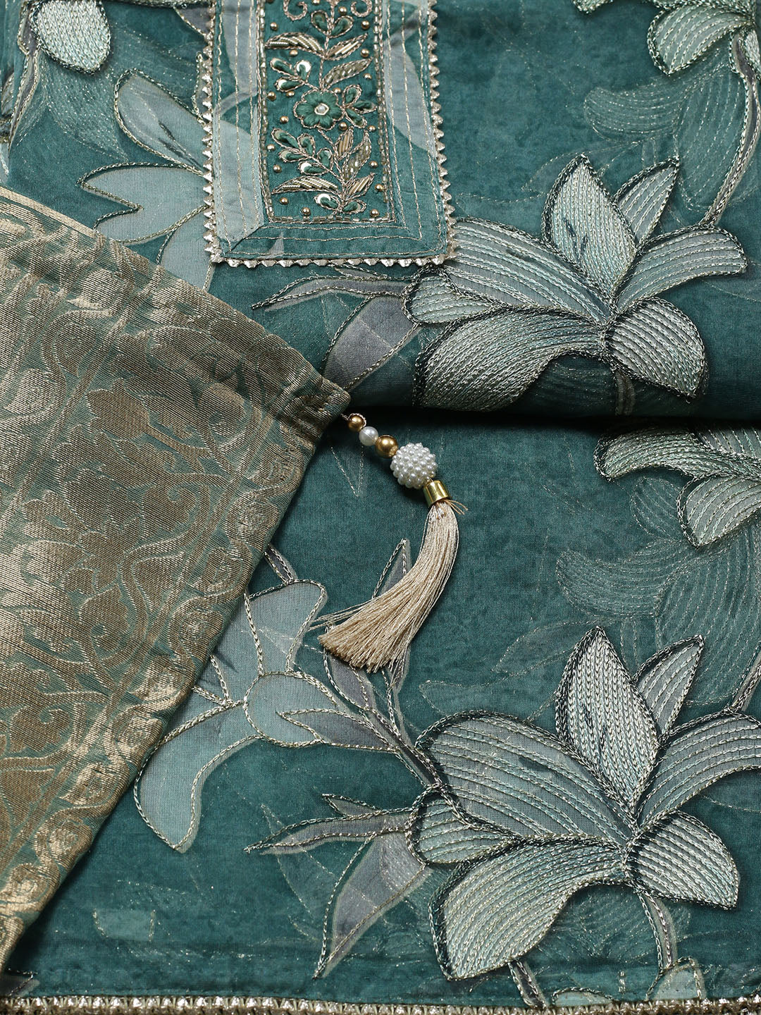 Embroidered Organza Unstitched Suit With Pant &amp; Dupatta