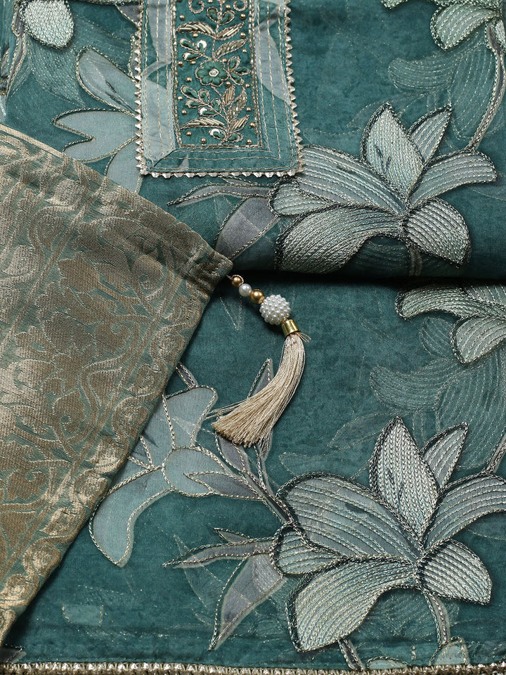 Embroidered Organza Unstitched Suit With Pant &amp; Dupatta