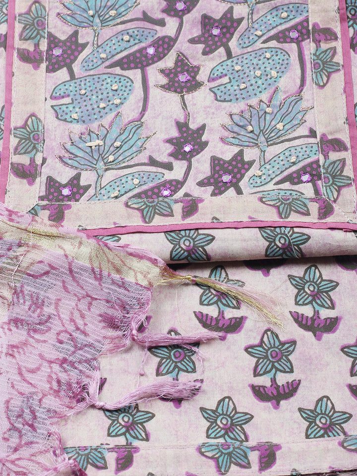 Printed Cotton Blend Unstitched Suit With Pant &amp; Dupatta