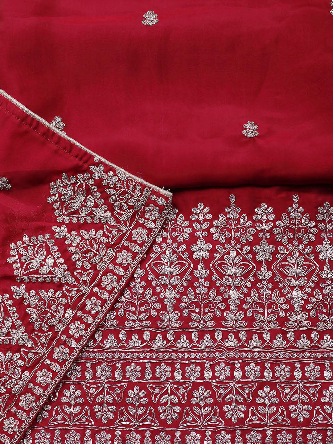 Embroidered Chanderi Unstitched Suit With Pant &amp; Dupatta