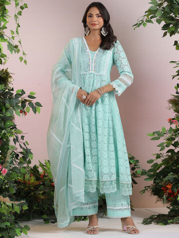 Cotton Blend Anarkali Embroidered Suit Set With Lace