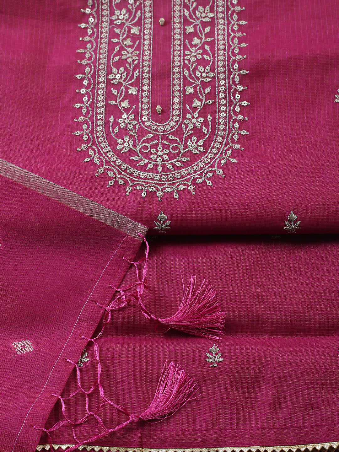 Embroidered Chanderi Unstitched Suit With Pant &amp; Dupatta