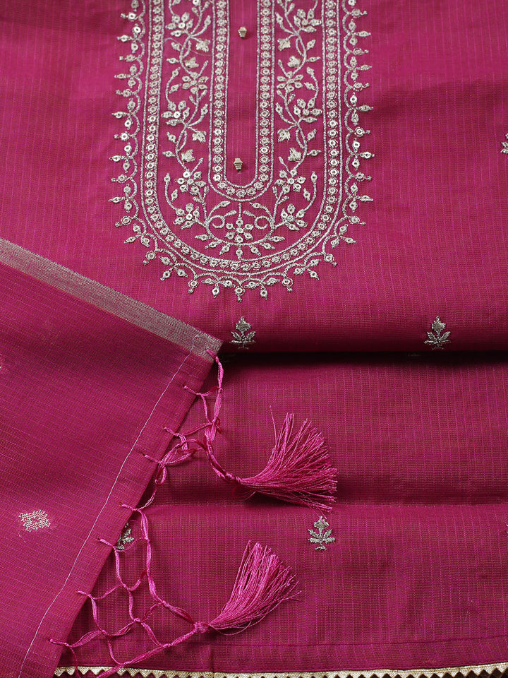 Embroidered Chanderi Unstitched Suit With Pant &amp; Dupatta