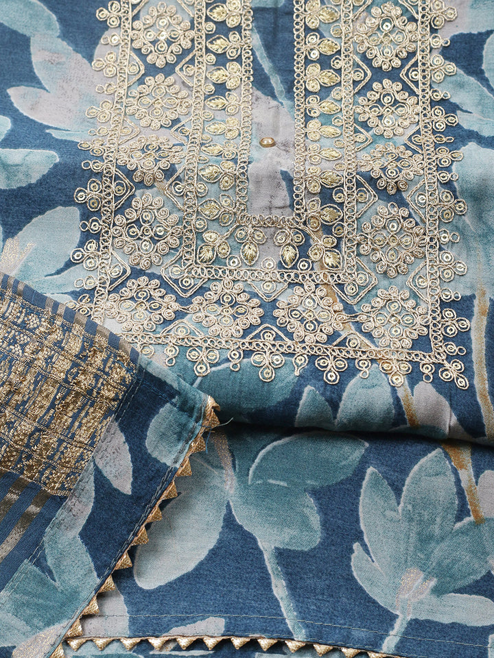 Printed Cotton Blend Unstitched Suit With Pant &amp; Dupatta