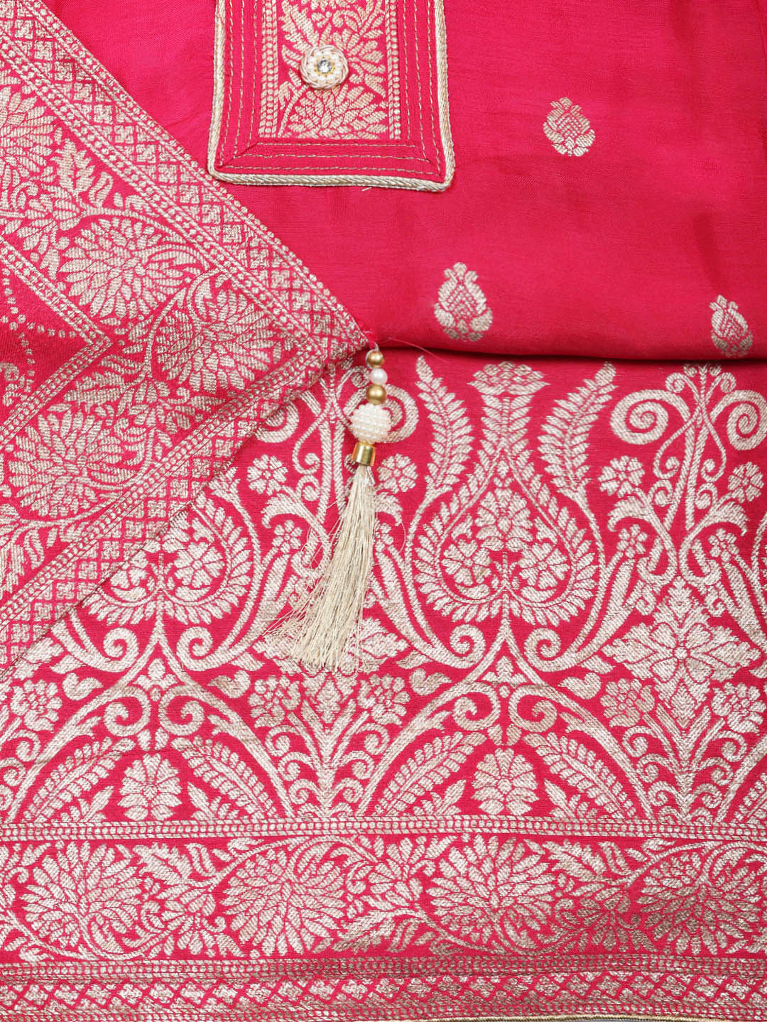 Embroidered Chanderi Unstitched Suit With Pant &amp; Dupatta