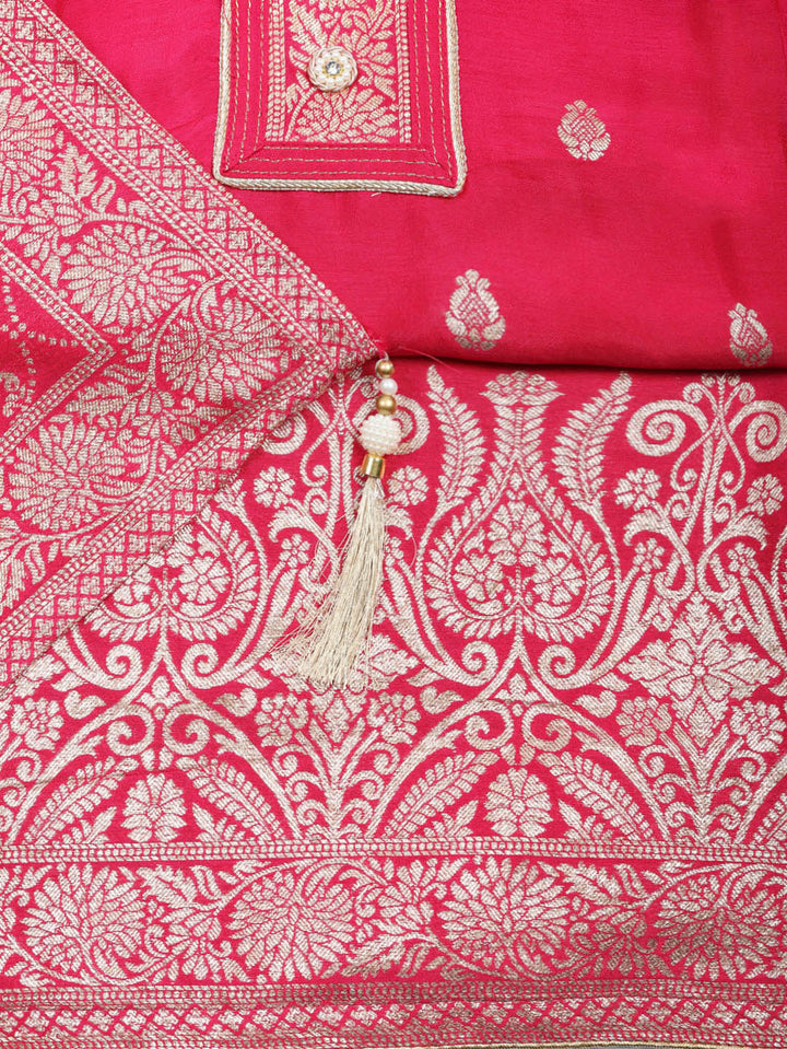 Embroidered Chanderi Unstitched Suit With Pant &amp; Dupatta