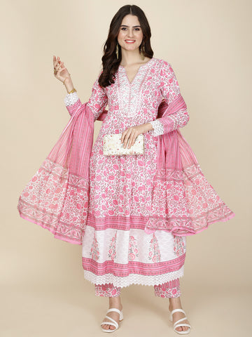 Floral Printed Cotton Kurta With Pants & Dupatta