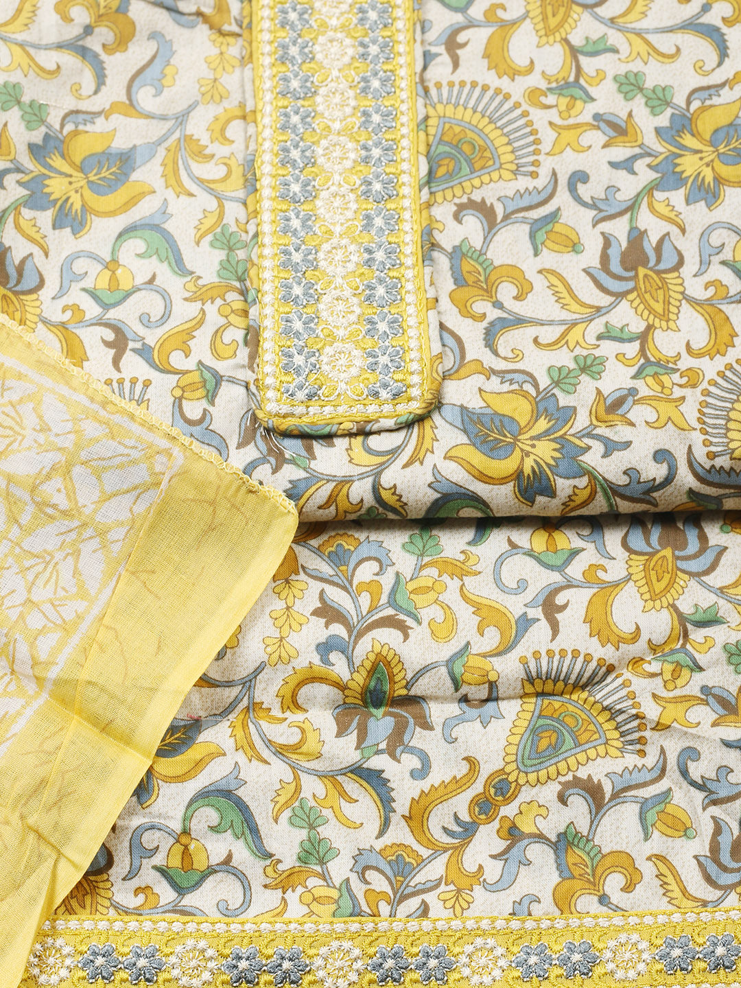 Printed Cotton Blend Unstitched Suit With Pant &amp; Dupatta