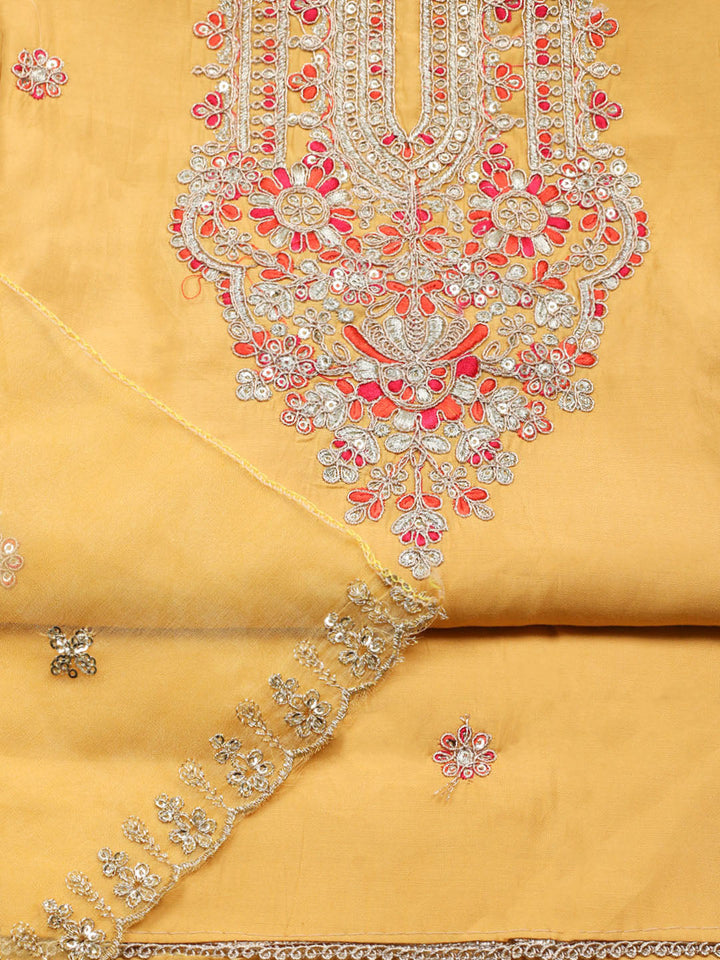 Embroidered Chanderi Unstitched Suit With Pant &amp; Dupatta