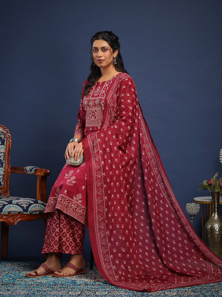 Wine Cotton Blend Printed A Line Suit Set