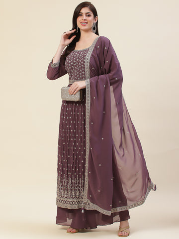 Zari Embroidered Booti Georgette Kurta With Palazzo & Dupatta