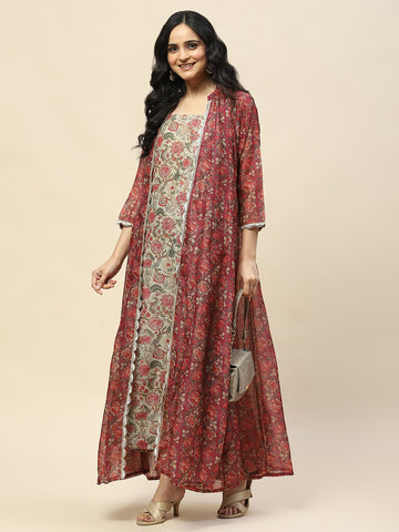 Floral Printed Cotton Gown Dress With Jacket