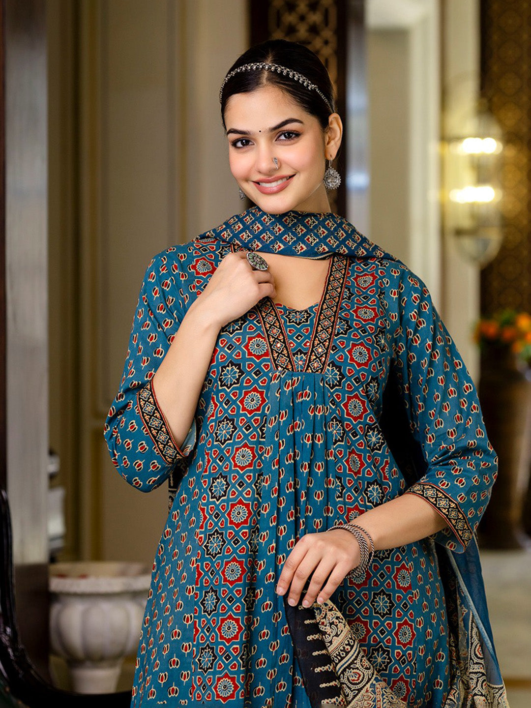 Printed Cotton Blend Kurta With Pants & Dupatta