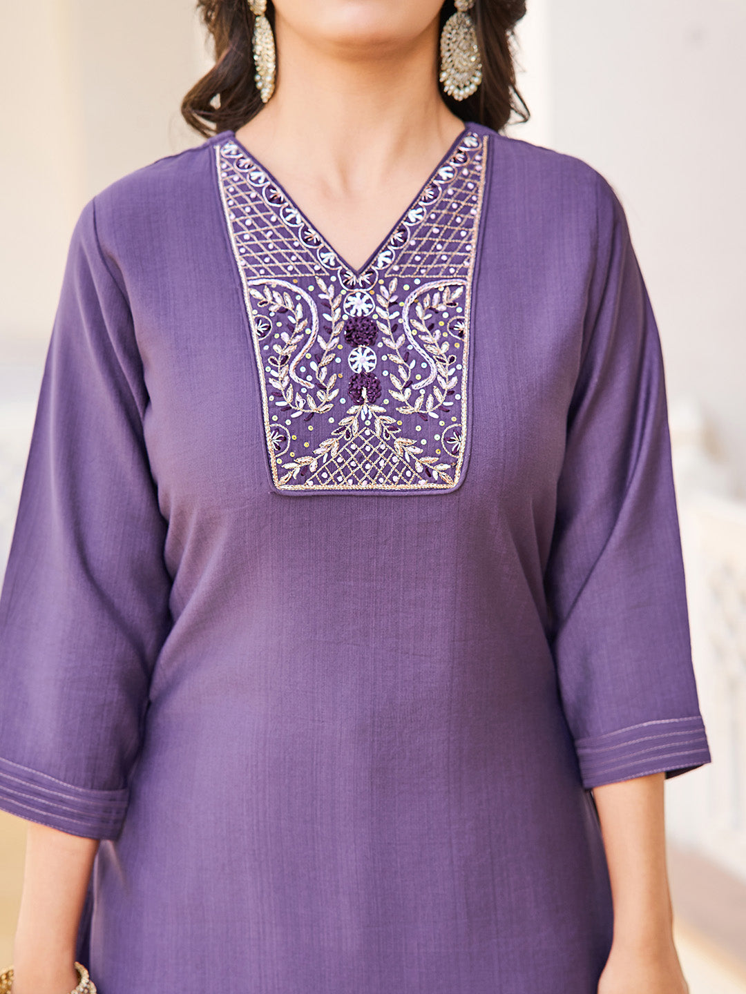 Neck Embroidery Cotton Blend Kurta With Pants &amp; Dupatta