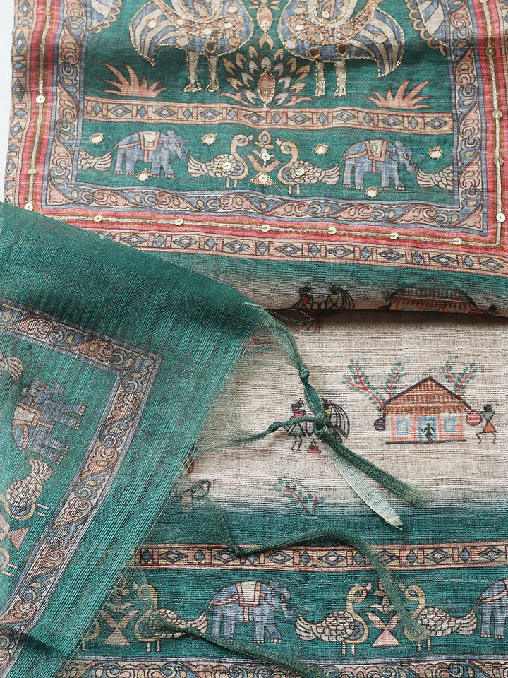 Embroidered Chanderi Unstitched Suit With Pant &amp; Dupatta