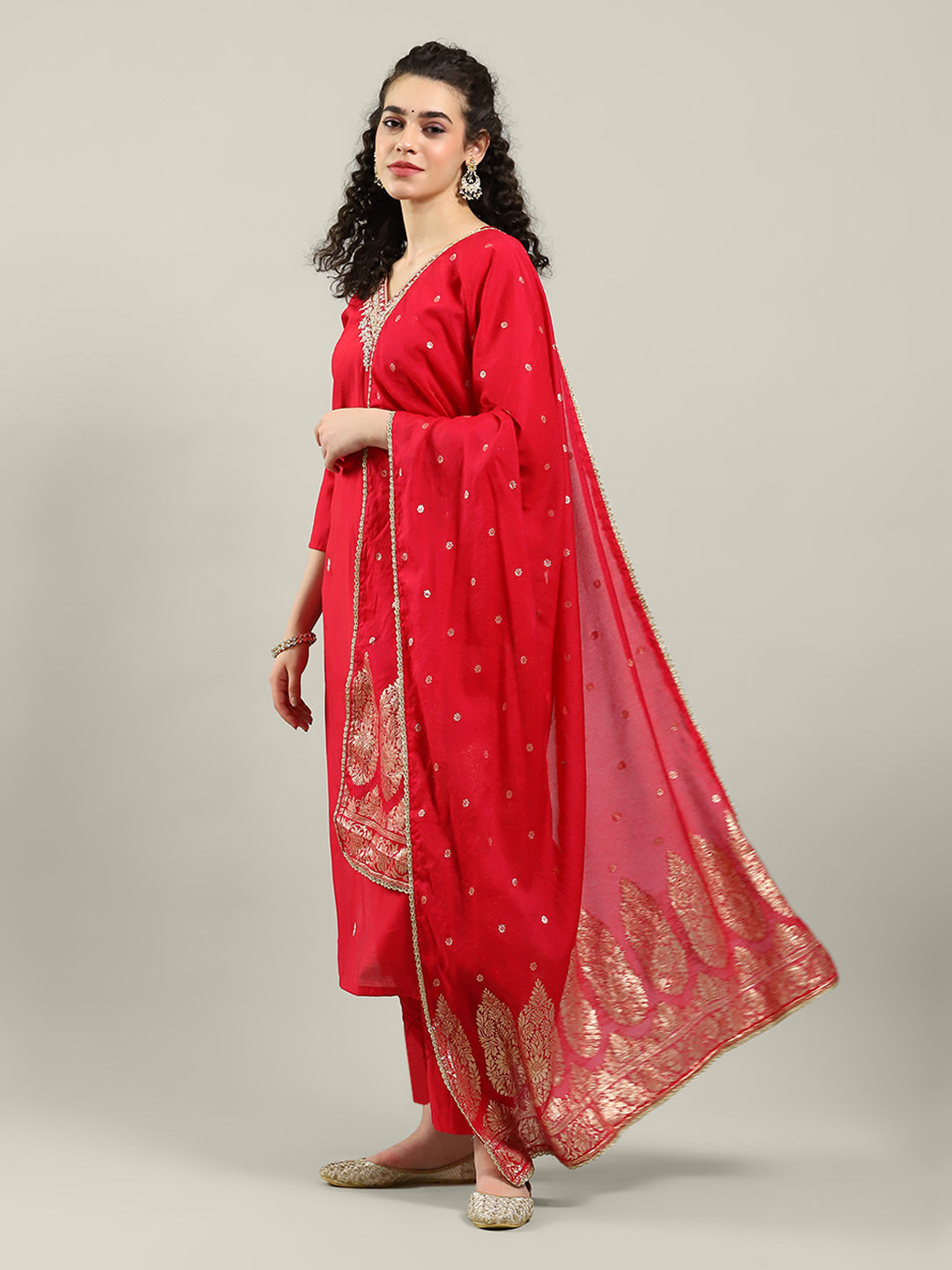 Embroidered Cotton Blend Kurta With Pants & Dupatta