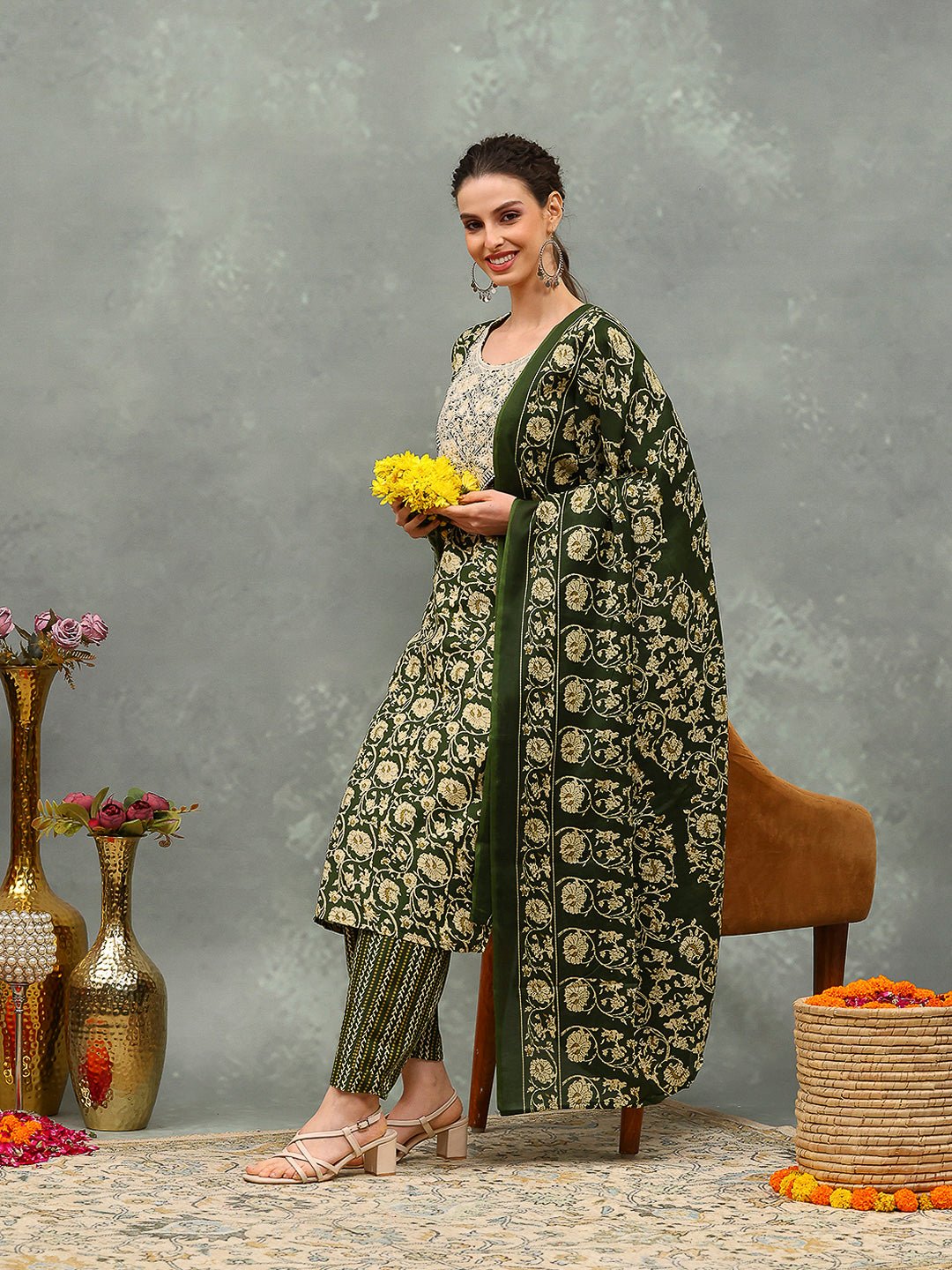 Printed Cotton Blend Kurta With Pants & Dupatta