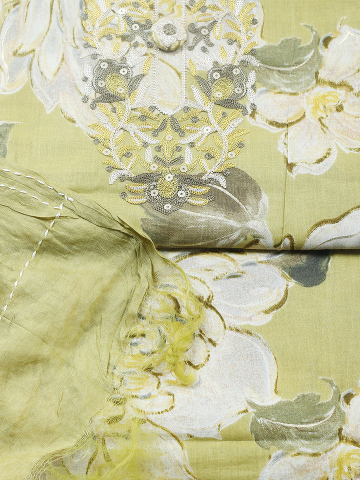 Embroidered Cotton Blend Unstitched Suit With Pant &amp; Dupatta