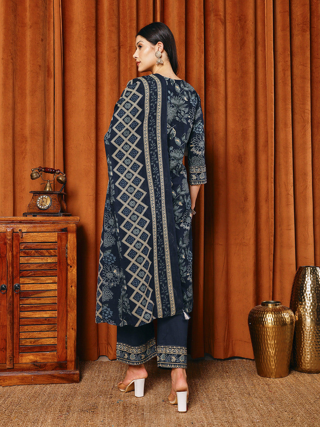 Printed Cotton Blend Kurta With Pants & Dupatta