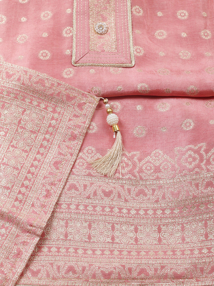 Embroidered Chanderi Unstitched Suit With Pant &amp; Dupatta