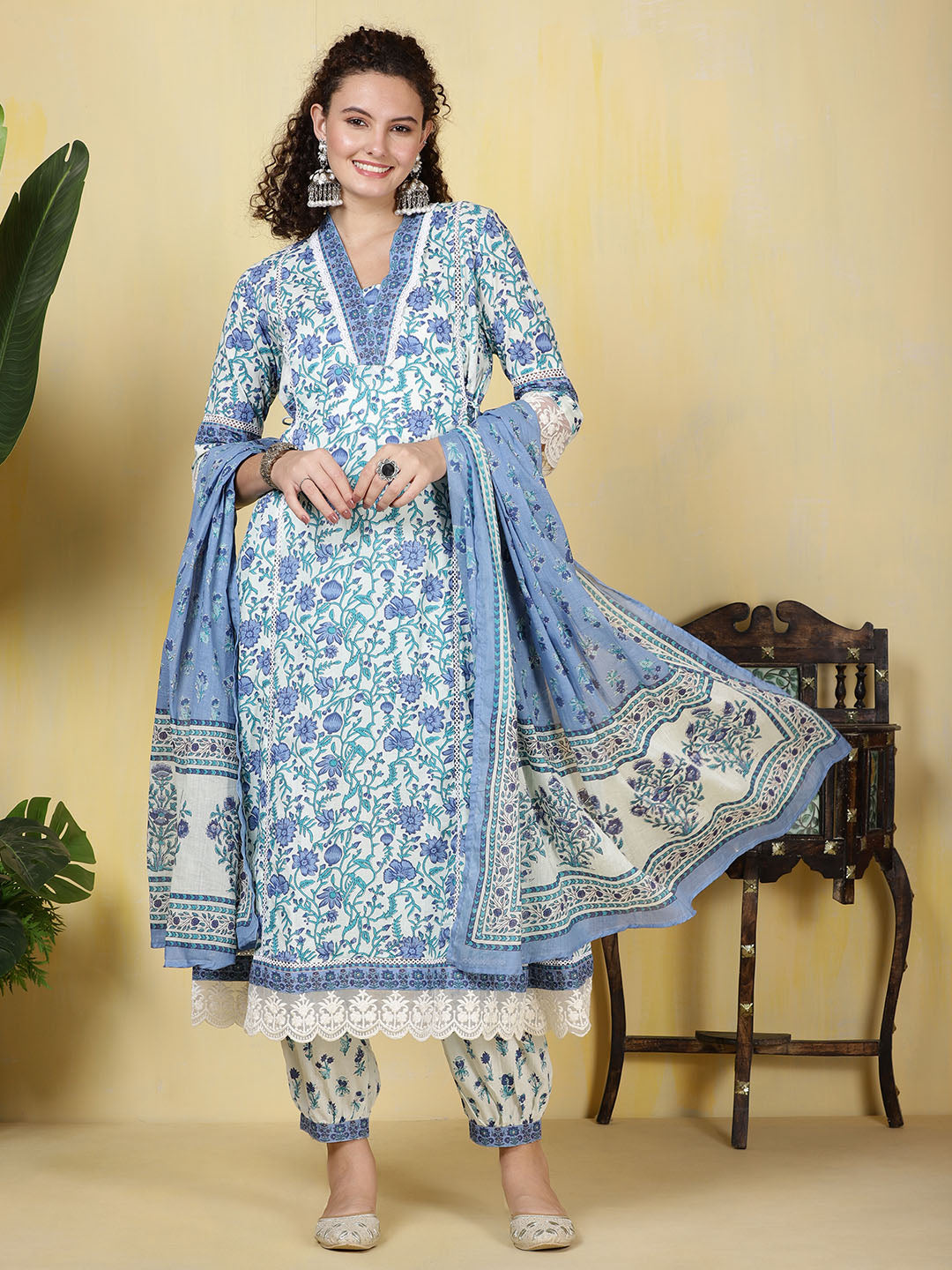 Printed Cotton Blend Kurta With Pants &amp; Dupatta