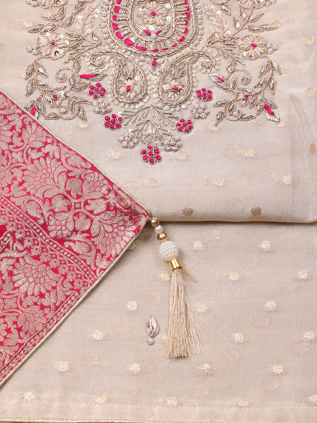 Embroidered Chanderi Unstitched Suit With Pant &amp; Dupatta