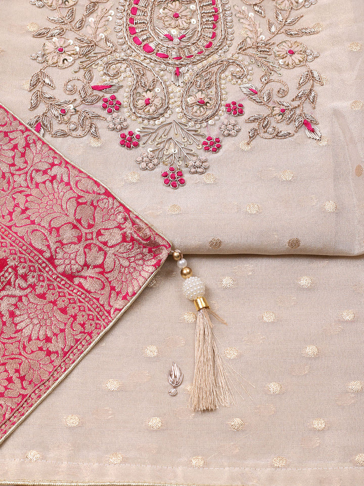 Embroidered Chanderi Unstitched Suit With Pant &amp; Dupatta