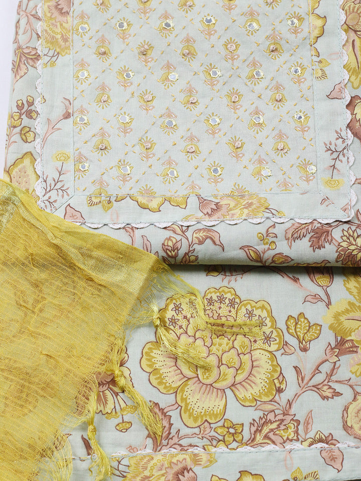 Printed Cotton Blend Unstitched Suit With Pant &amp; Dupatta