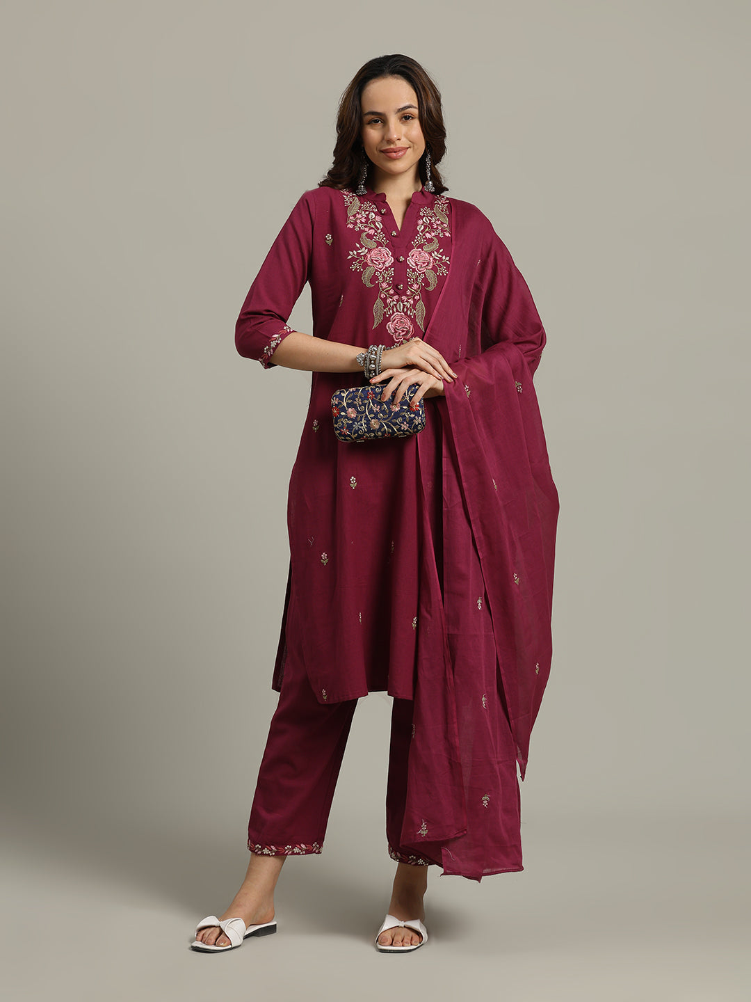 Resham Embroidered Cotton Kurta With Pants &amp; Dupatta