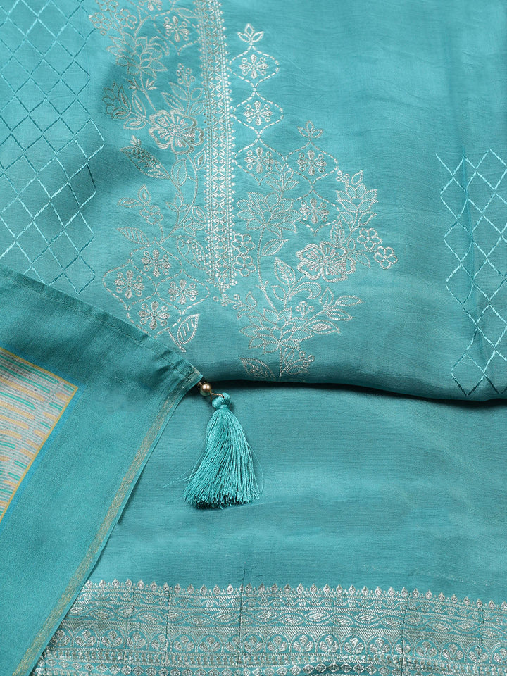Embroidered Art Silk Unstitched Suit With Pant &amp; Dupatta