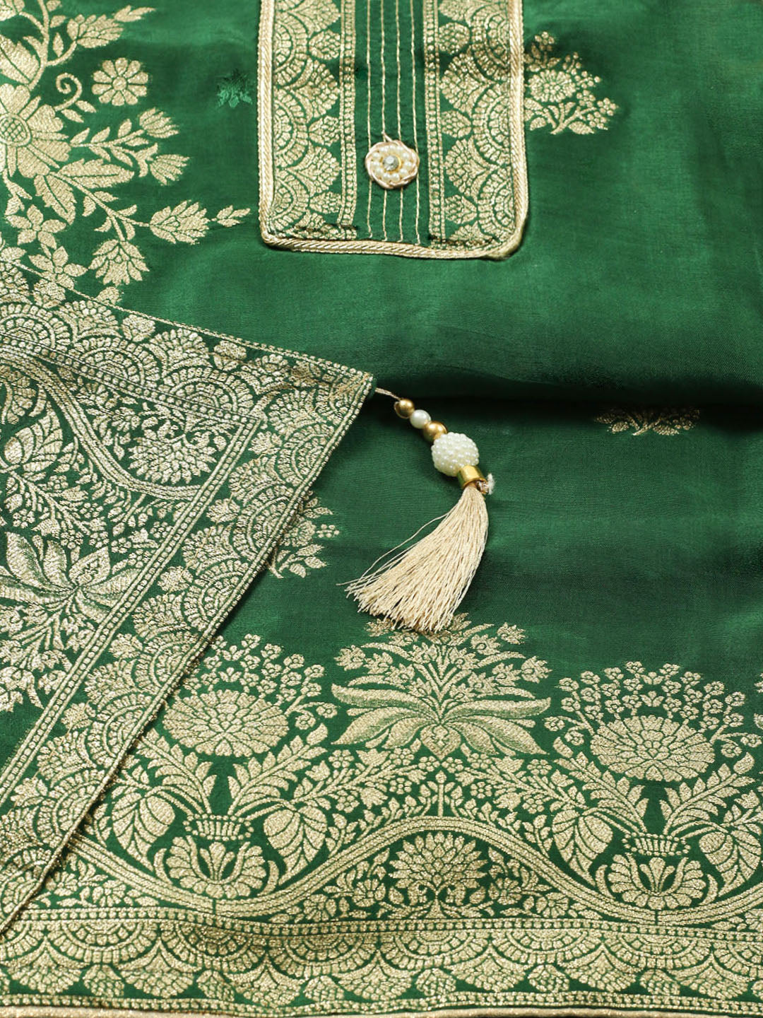 Embroidered Chanderi Unstitched Suit With Pant &amp; Dupatta