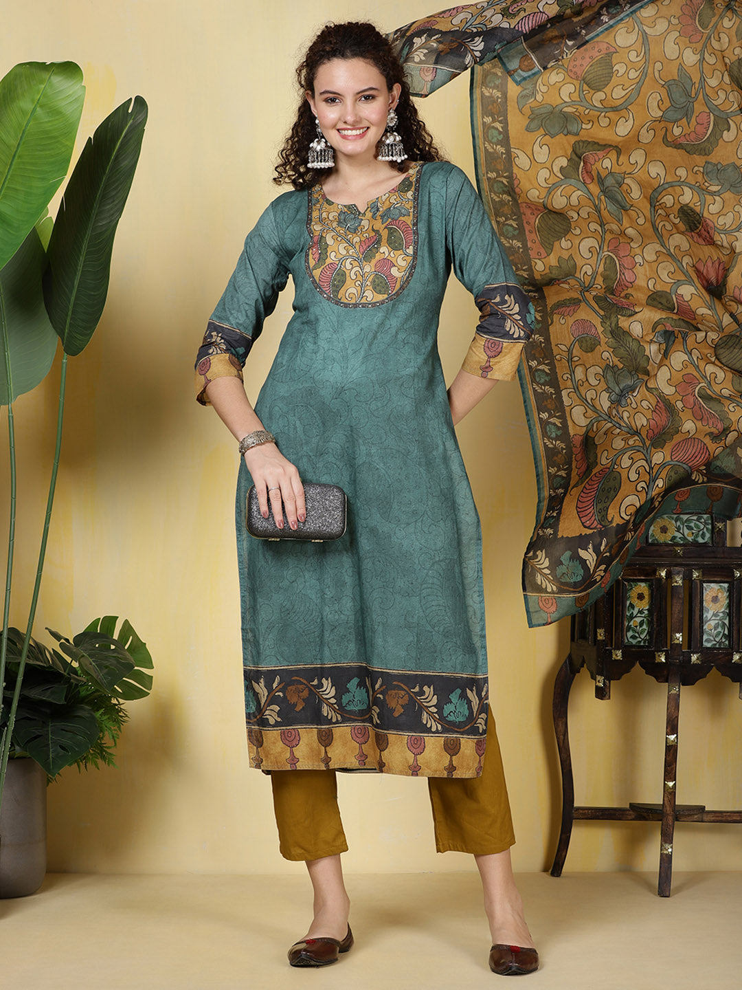 Printed Cotton Blend Kurta With Pants &amp; Dupatta