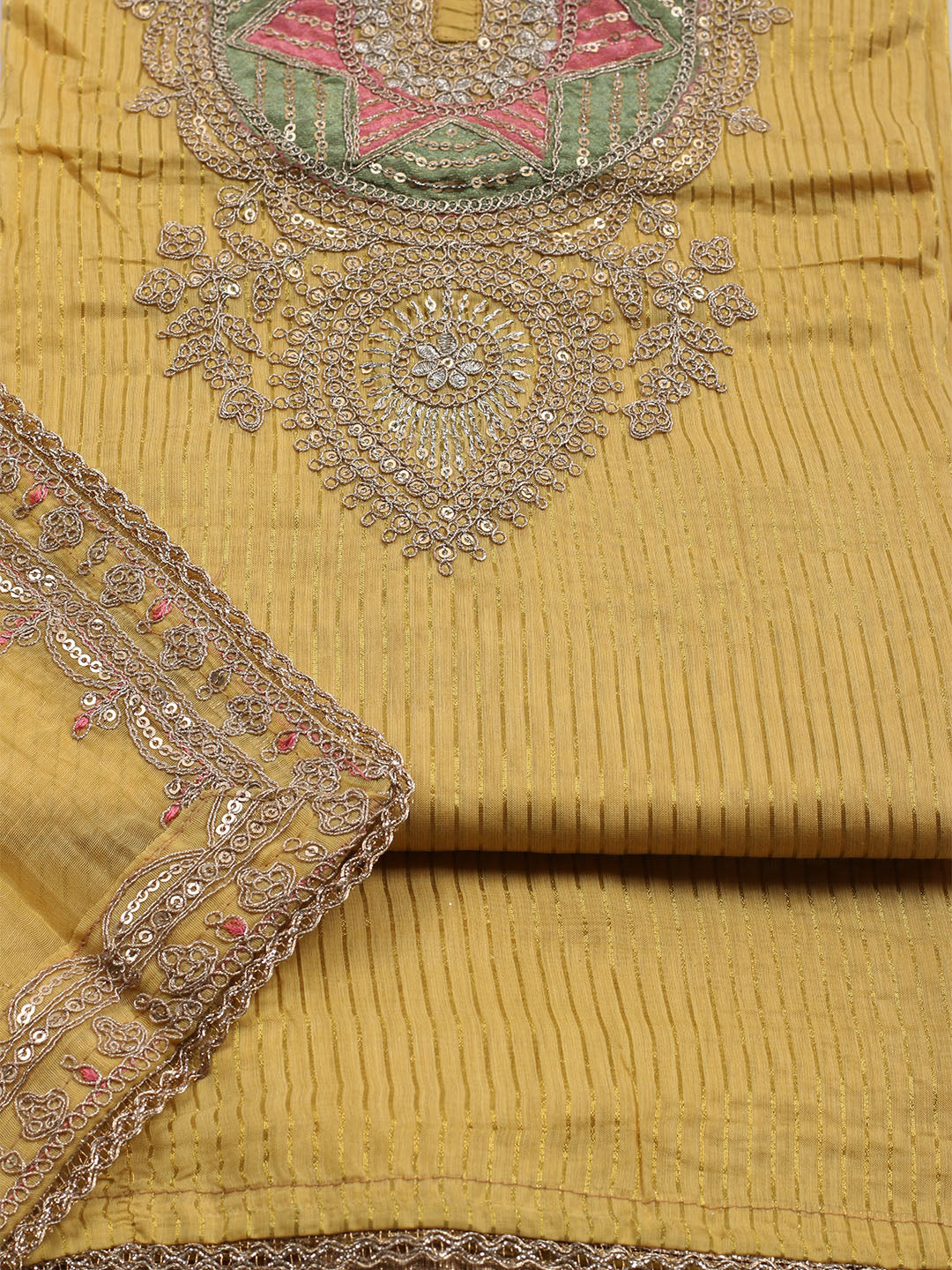 Neck Embroidered Chanderi Unstitched Suit With Dupatta