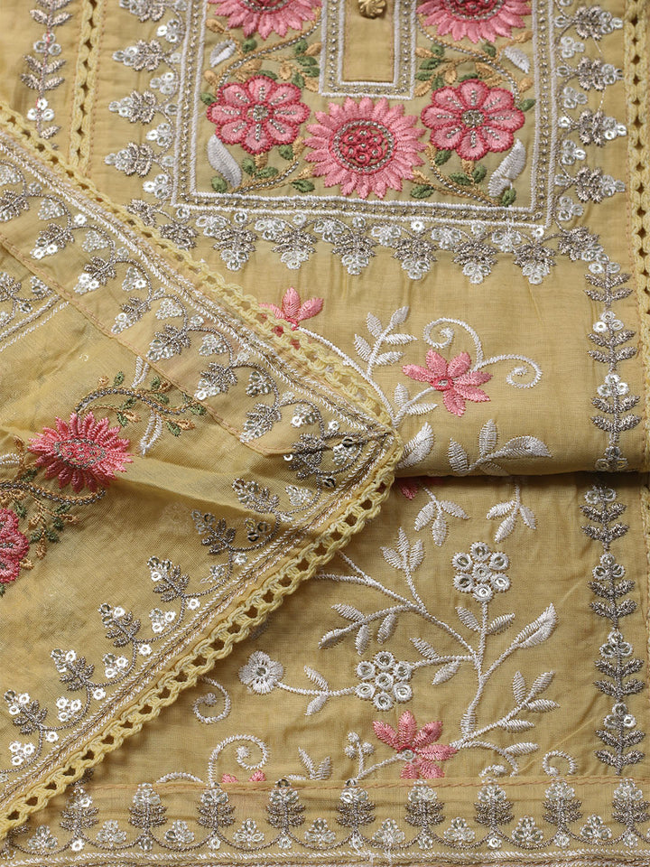 Embroidered Chanderi Unstitched Kurta With Pant &amp; Dupatta